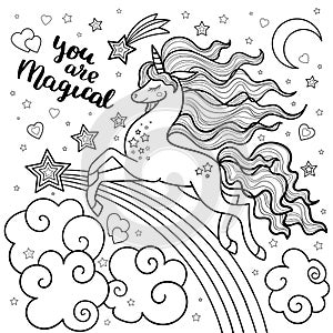 Unicorn with a long mane. Black and white for coloring. Vector