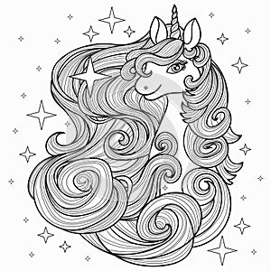 Unicorn with a long mane, hand drawn vector illustration