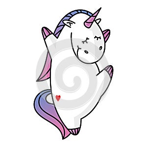 Unicorn in love is dancing merrily. Print for baby clothes. Vector photo