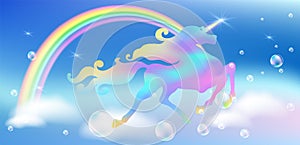 Unicorn with luxurious winding mane with bubbles against the background of the fantasy universe with sparkling stars, clouds and