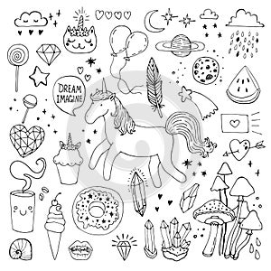 Unicorn magic design element hand draw set