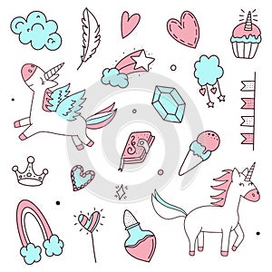 Unicorn and Magic Doodles. Cute unicorn and pony collection with magic items. Unicorn pattern. Vector doodles illustrations. photo