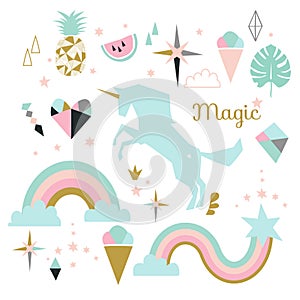 Unicorn magic element set. Isolated vector objects, flat design