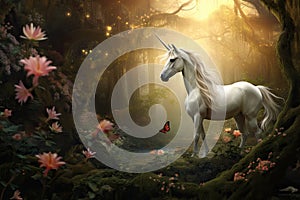 Unicorn in the magic forest. Fairytale scene. 3D rendering, AI Generated