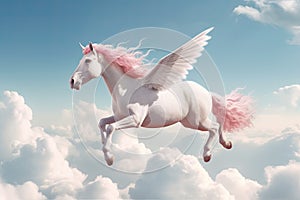 A unicorn, Majestic Pegasus horse flying high above the clouds. Flight of the Pegasus. Generative Ai