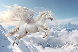 A unicorn, Majestic Pegasus horse flying high above the clouds. Flight of the Pegasus. Generative Ai