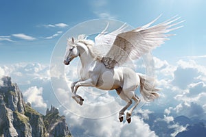 A unicorn, Majestic Pegasus horse flying high above the clouds. Flight of the Pegasus. Generative Ai