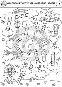 Unicorn maze for kids with little princess, rainbow. Magic world preschool printable activity. Black and white fairytale labyrinth