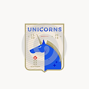 Unicorn Medeival Sports Team Emblem. Abstract Vector Sign, Symbol or Logo Template. Horned Horse in a Shield with Retro