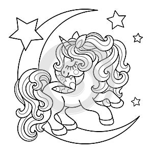 Unicorn on the moon. Black and white linear drawing. Vector