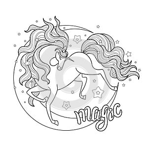 Unicorn and moon. Black and white linear drawing. Vector