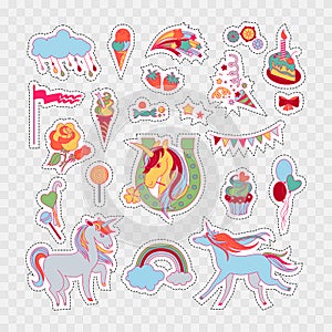 Unicorn multicolor stickers with rose, cake, sweets, ice-cream, cloud, stars, flag, baloons and unicorns