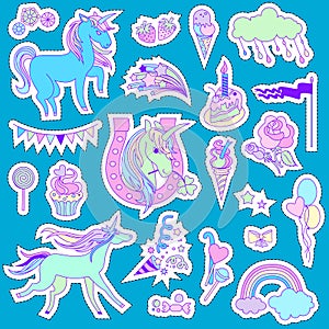 Unicorn multicolor stickers with unicorn, cloud, cake, sweets, ice-cream, baloons, rose and flag on blue background