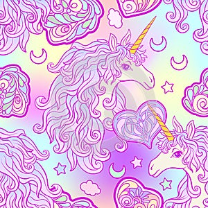 Unicorn with multicolored mane, butterfly rainbow, star and love