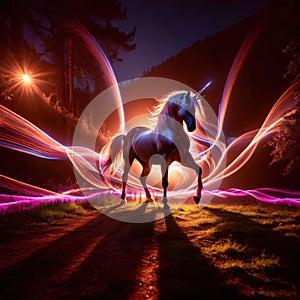 Unicorn, mystic legendary creature, glowing light painting aura illuminated