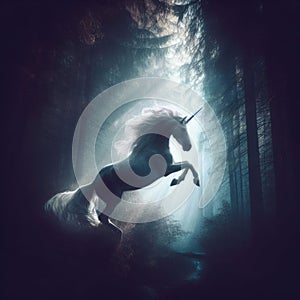 Unicorn in the mystical forest