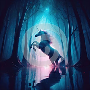 Unicorn in the mystical forest