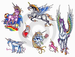 Unicorn newskool tattoo set. Set of labels and elements. Vector set illustration template tattoo.