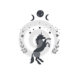 Unicorn in the night with starry sky and the moon. Fantasy style, magical forest dream conceptual illustration, tattoo