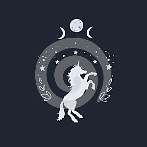 Unicorn in the night with starry sky and the moon. Fantasy style, magical forest dream conceptual illustration, tattoo