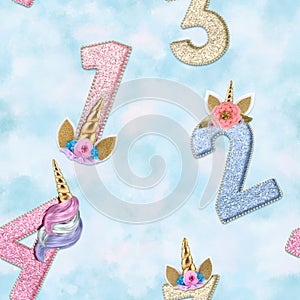 Unicorn Number Alphabet On soft watercolor blue background seamless pattern