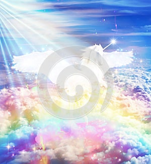 Unicorn over the Rainbow on sky above clouds close up, dreams, wishes