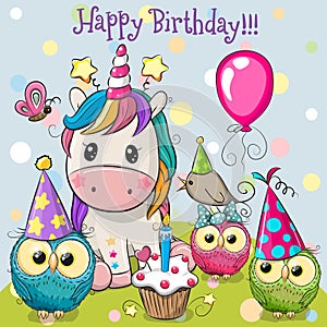 Unicorn and owls with balloon and bonnets photo