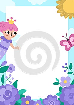 Unicorn party greeting card template with cute fairy princess, butterfly, purple flowers, sunny landscape. Fairytale poster or