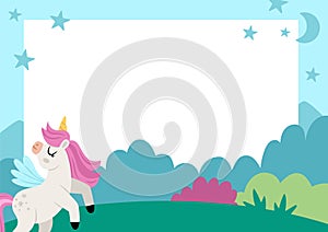 Unicorn party greeting card template with cute magic forest, moon, star, night landscape. Fairytale poster or invitation for kids