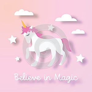 Unicorn with pastel background paper cut style