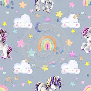 Unicorn pastel rainbow and clouds on blue sky watercolor seamless pattern.