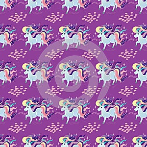 Unicorn pattern. Vector seamless pattern with white unicorns, rainbow and stars. Isolated on a purple background.