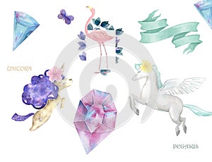 Unicorn and Pegasus and Flamingo cute clip art with ribbon and crystal on white background