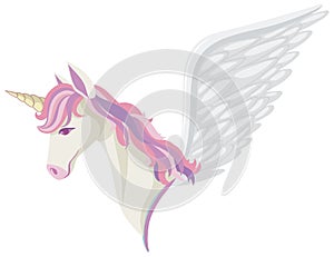 Unicorn or pegasus head with rainbow mane and horn isolated on white background