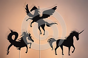 Unicorn, Pegasus and Sea horse shadow puppets