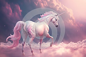 Unicorn in pink clouds. Wish fulfillment concept. Pink trend color. AI generated