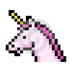 Unicorn with pink mane pixel art on white background