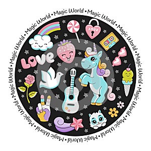 Unicorn pop art comic style round card with stars and magic animals