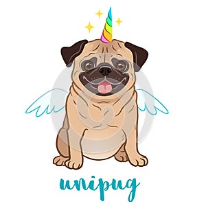 Unicorn pug dog with horn and wings vector cartoon illustration.