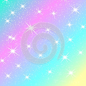 Unicorn rainbow background. Holographic sky in pastel color. Bright mermaid pattern in princess colors. Vector illustration.