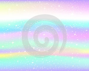 Unicorn rainbow background. Holographic sky in pastel color. Bright mermaid pattern in princess colors. Vector illustration.