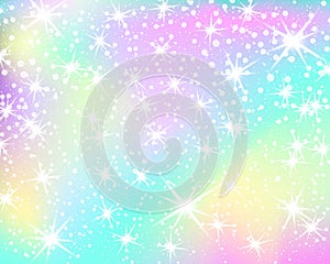 Unicorn rainbow background. Holographic sky in pastel color. Bright mermaid pattern in princess colors. Vector illustration.