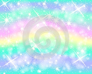 Unicorn rainbow background. Mermaid pattern in princess colors. Fantasy colorful backdrop with rainbow mesh