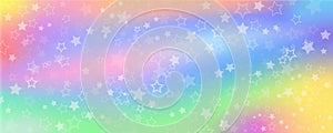 Unicorn rainbow background with stars. Cute nagic pastel pattern. Magic dreaming holographic sky. Vector