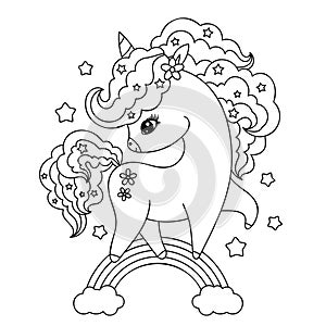Unicorn on the rainbow. Black and white linear vector illustration