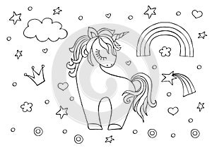 Unicorn, rainbow, cloud, crown, star hand drawn by a black line. Decoration. Coloring.