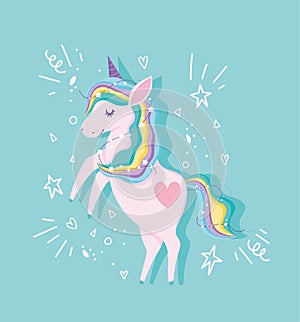 Unicorn with rainbow hair stars dream magic animal fantasy cartoon