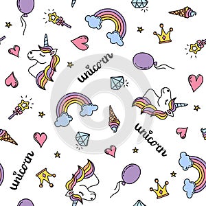 Unicorn, rainbow and hearts seamless pattern hand drawing isolated on white background