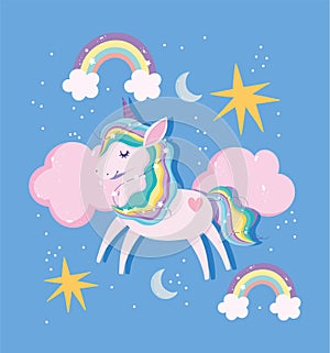 Unicorn rainbow mane tail clouds stars moon magic fantasy cartoon