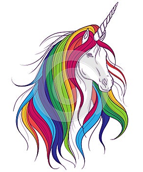 Unicorn with rainbow mane on white background.